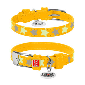 Кожаный ошейник для собак WAUDOG Glamour с узором «Звездочка» (светоотражающий и светонакапливающий рисунок) Желтый
