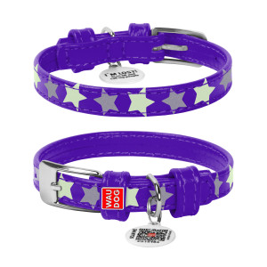 Кожаный ошейник для собак WAUDOG Glamour с узором «Звездочка» (светоотражающий и светонакапливающий рисунок) Фиолетовый