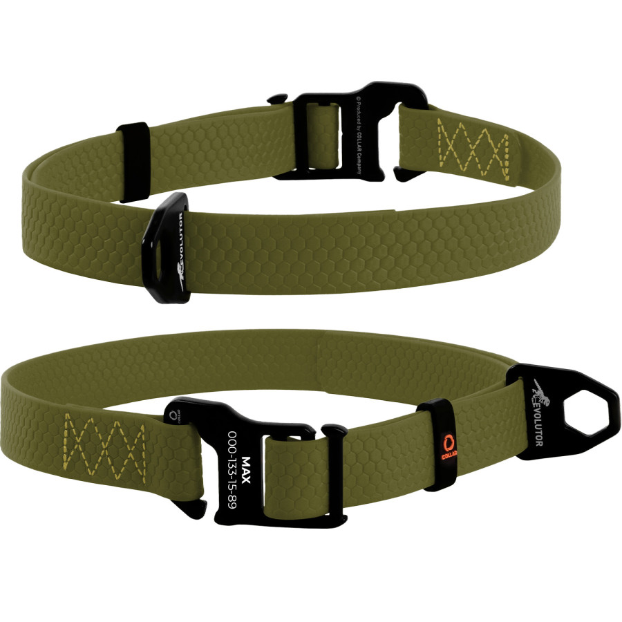 Нашийник COLLAR EVOLUTOR (КОЛЛАР ЕВОЛЮТОР) для собак середніх, великих і ДУЖЕ великих порід, пряжка з надміцного авіаційного алюмінія з площадкою для гравіювання, 25-70 см, Хакі