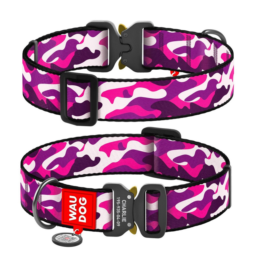 Collar for dogs nylon WAUDOG Nylon with QR passport, "Pink camo" pattern, metal fastex buckle, (width 35 mm, length 43-70 cm)
