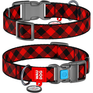 WAUDOG Nylon dog collar with QR-passport, "Tartan red", plastic fastex buckle