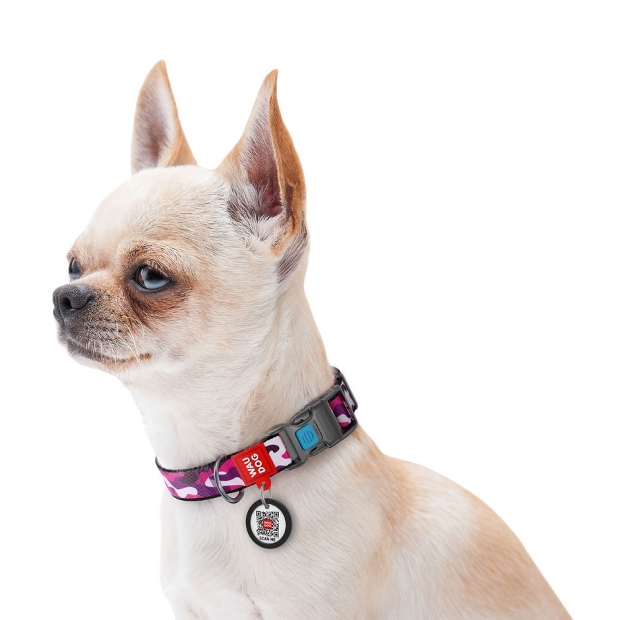 WAUDOG Nylon dog collar with QR-passport, "Pink camo", plastic fastex buckle