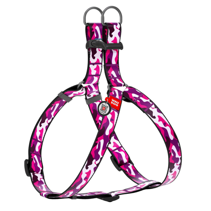 WAUDOG Nylon dog harness with QR-passport, QR tag, pattern "Pink camo"