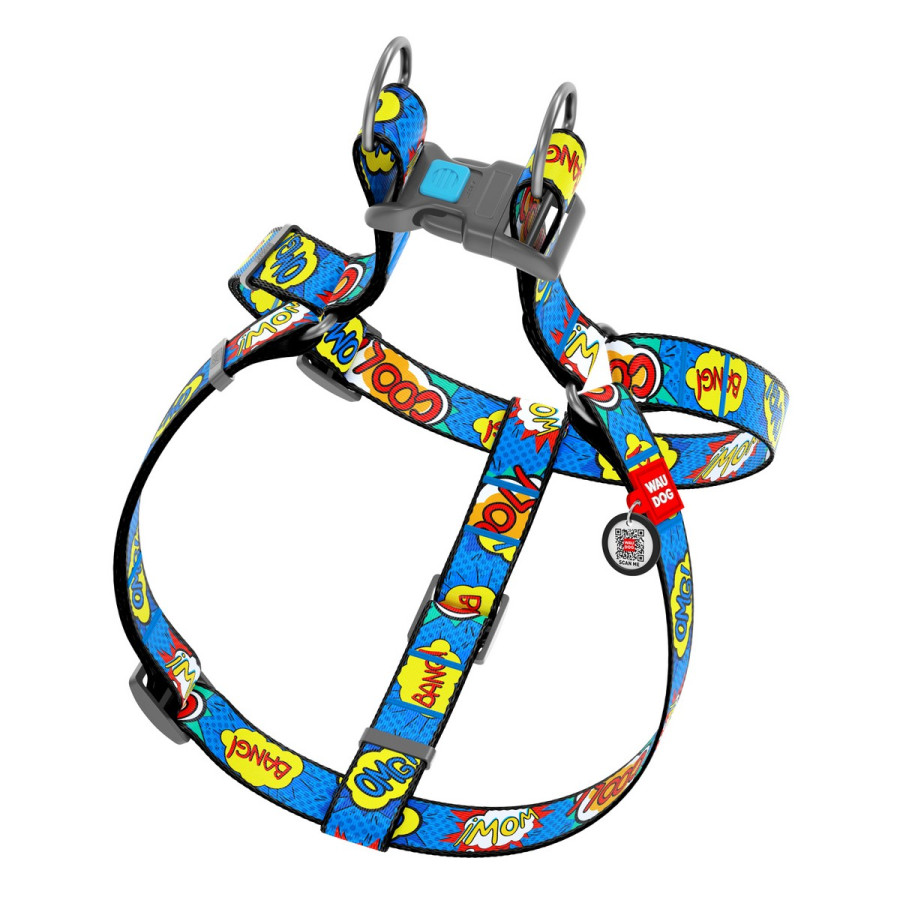 WAUDOG Nylon dog harness with QR-passport, QR tag, pattern "WOW"