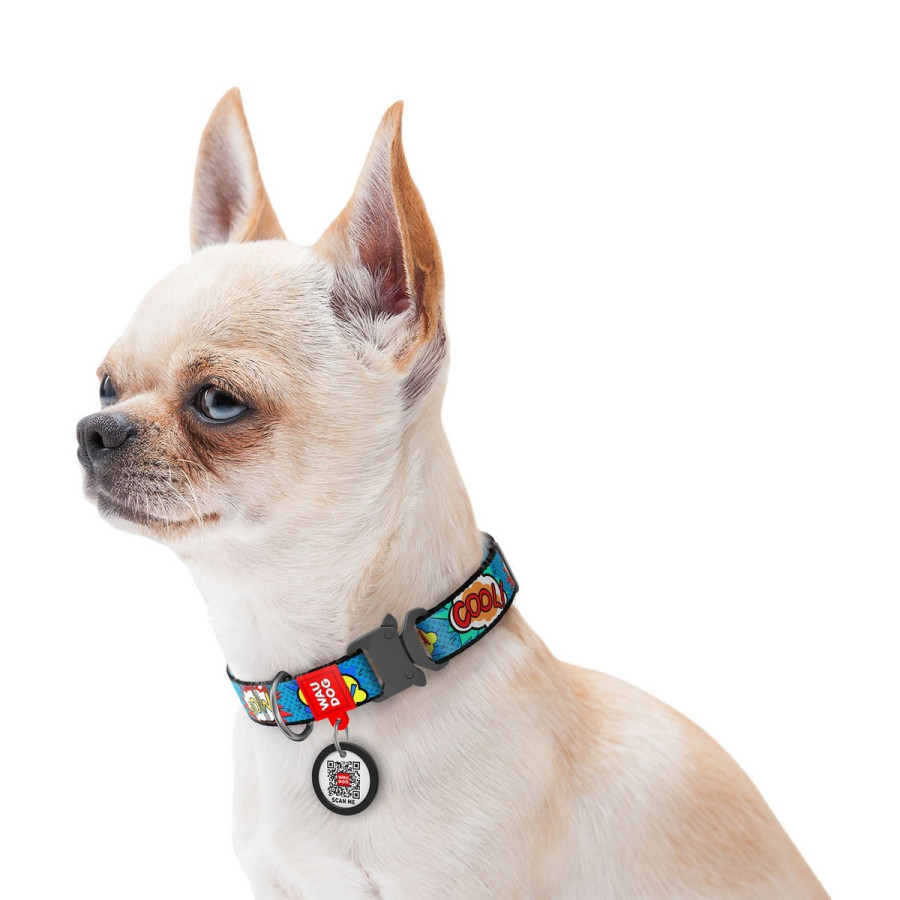 WAUDOG Nylon dog collar with QR-passport, "WOW", metal fastex buckle with an area for engraving and QR tag