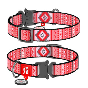 WAUDOG Nylon dog collar with QR-passport, "Ethno red", metal fastex buckle with an area for engraving and QR tag