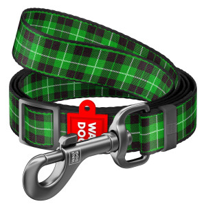 WAUDOG Nylon dog leash with QR-passport, "Tartan green", adjustable