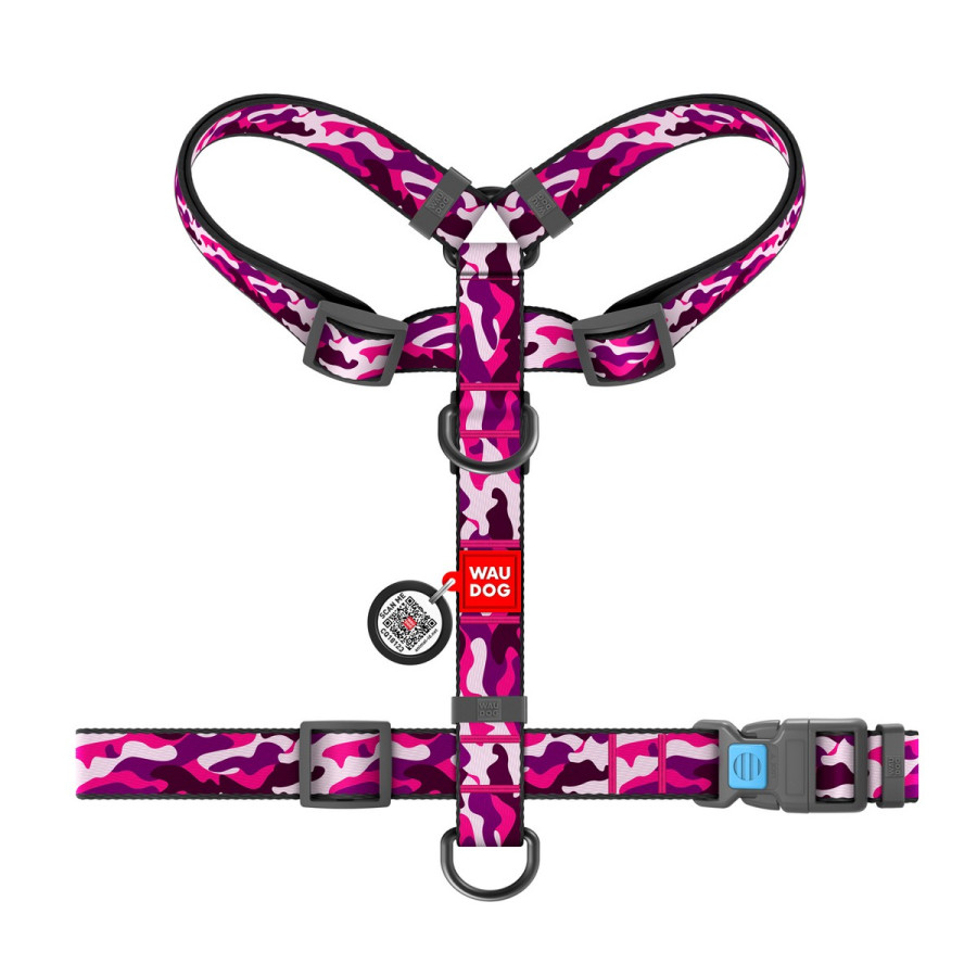 WAUDOG Nylon dog H-harness with QR-passport, "Pink camo" design