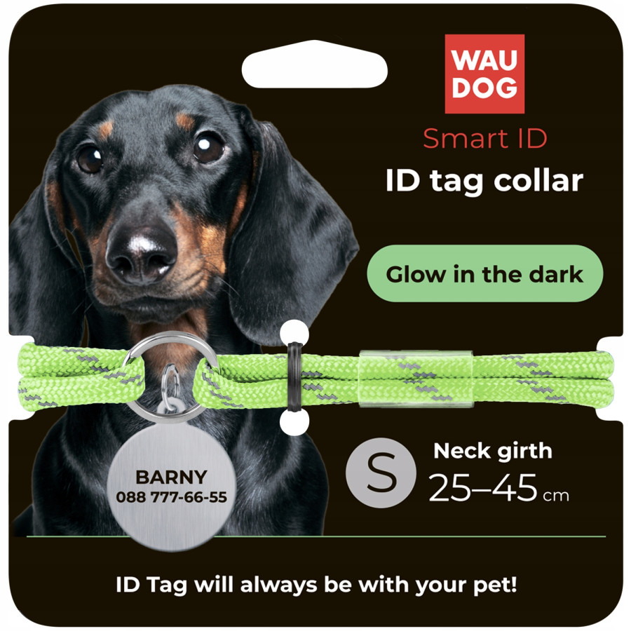 Шнурок для адресника з паракорду WAUDOG Smart ID, світиться у темряві, світловідбивний, салатовий