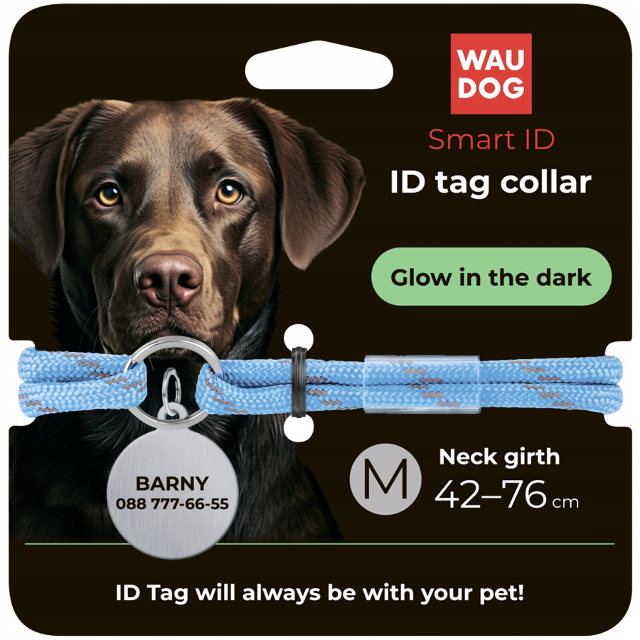 Шнурок для адресника из паракорда WAUDOG Smart ID, светящийся, светоотражающий, голубой