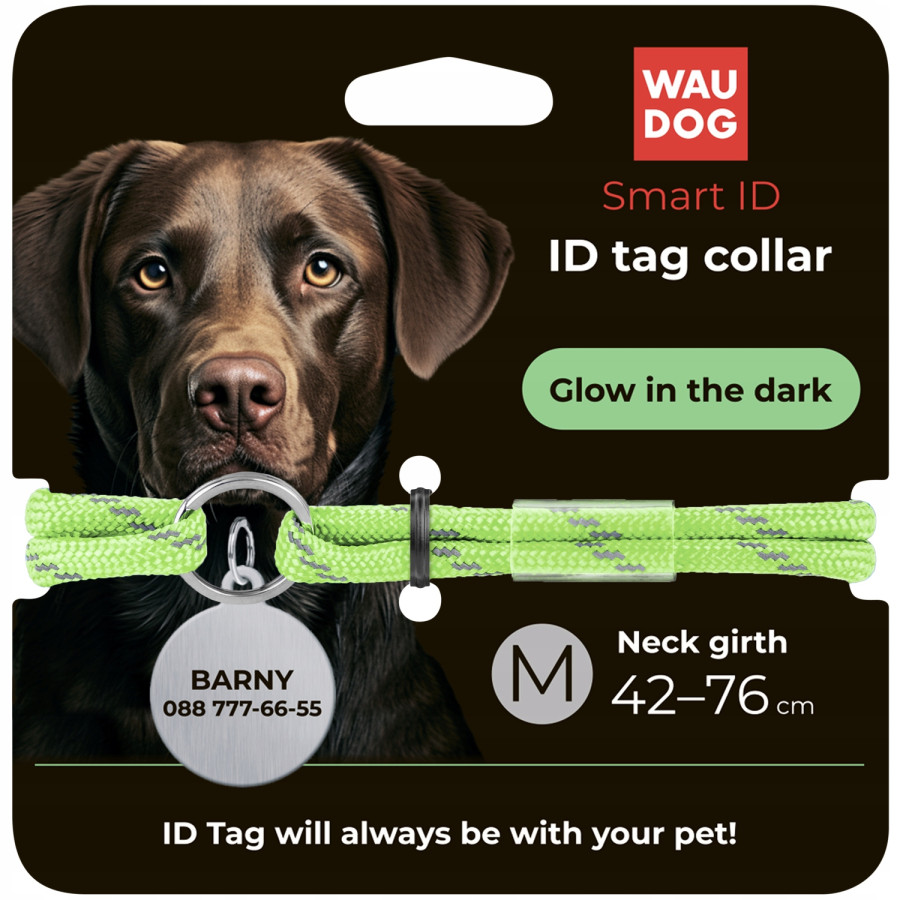 Шнурок для адресника з паракорду WAUDOG Smart ID, світиться у темряві, світловідбивний, салатовий