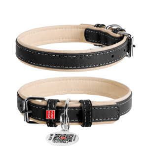 WAUDOG Soft genuine leather dog collar with QR passport, black, W 10 mm L 38-49 cm