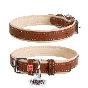 WAUDOG Soft genuine leather dog collar with QR passport, brown, W 10 mm L 38-49 cm