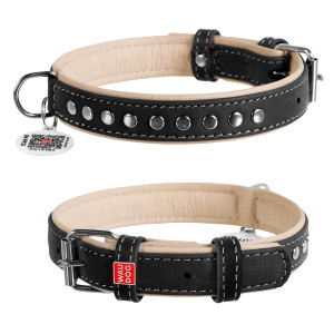 WAUDOG Soft genuine leather dog collar with QR passport, metal decorations, black, W 10 mm L 38-49 cm