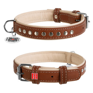 WAUDOG Soft genuine leather dog collar with QR passport, metal decorations, brown, W 10 mm L 38-49 cm