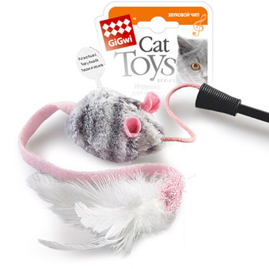 Іграшка для котів Дражнилка на стеку з мишкою зі звуковим ефектом GiGwi Teaser, перо, пластик, текстиль, 51 см