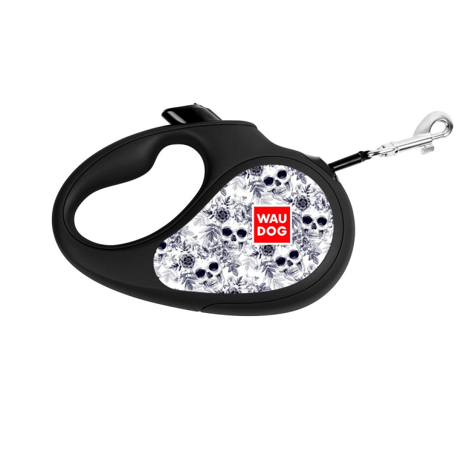 Retractable WAUDOG Design genuine leather dog leash, "Black and white skulls"