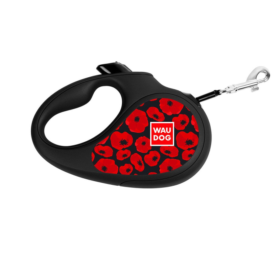 Retractable WAUDOG Design genuine leather dog leash, "Poppies"