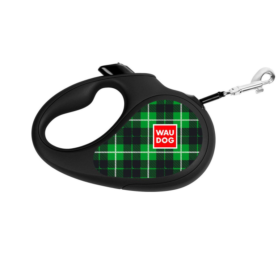 Retractable WAUDOG Design genuine leather dog leash, "Tartan green"